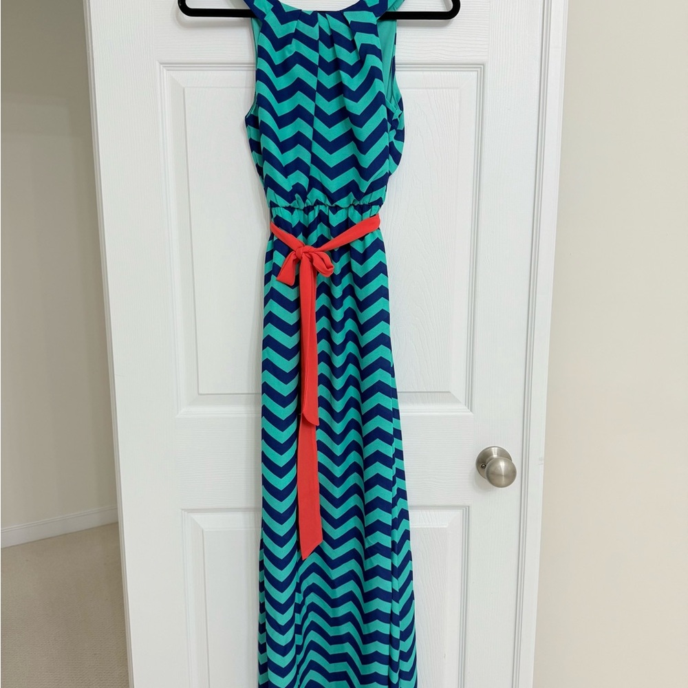 BCX Blue and Green Chevron Maxi Dress with Orange Belt